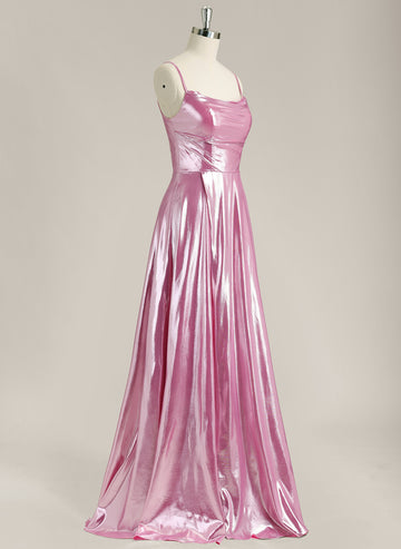 A-Line Spaghetti Straps Sweep Train Metallic Prom Dress